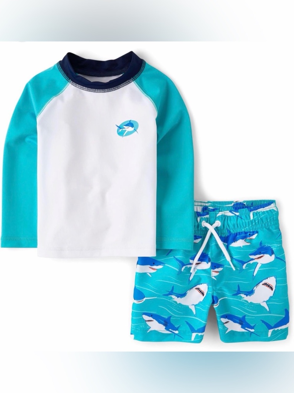 NEW! The Children’s Place Boys White & Teal Shark Rash Guard Swim Set Size 2T